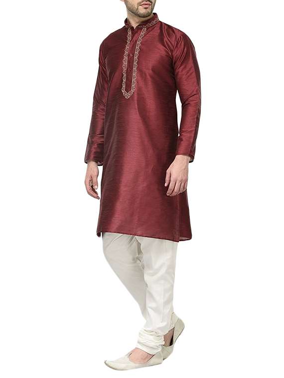 solid maroon cotton kurta pyjama set - 13394892 - Standard Image - 1