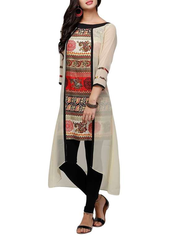 beige georgette printed high-low kurta