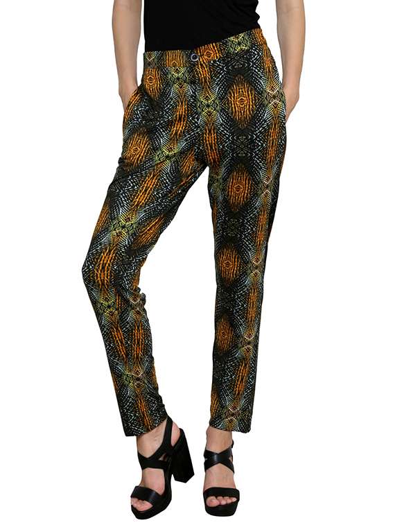 multi colored flat front trousers