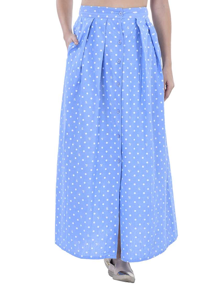 blue polka dots printed cotton maxi skirt