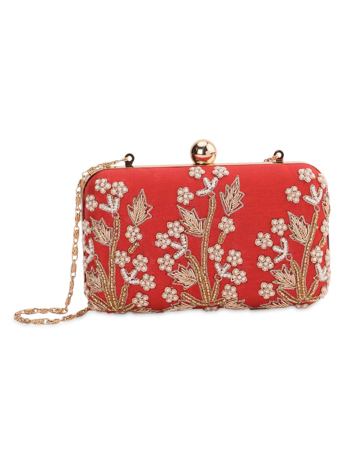 red embellished box clutch