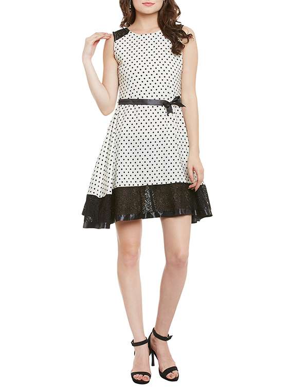 white polka dots printed crepe dress