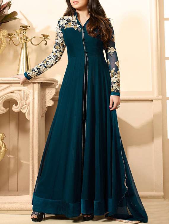 blue embroidered anarkali unstitched suit