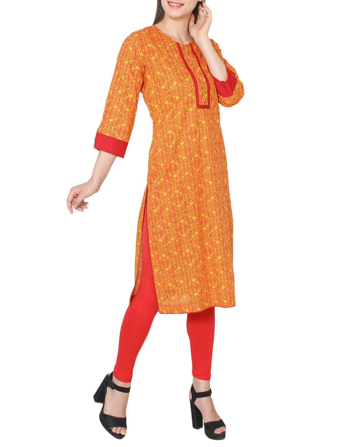 yellow cotton printed straight kurta
