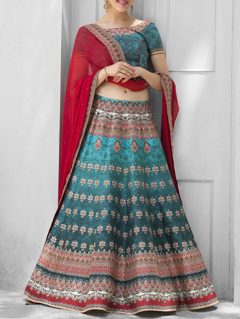 sky blue silk printed lehenga
