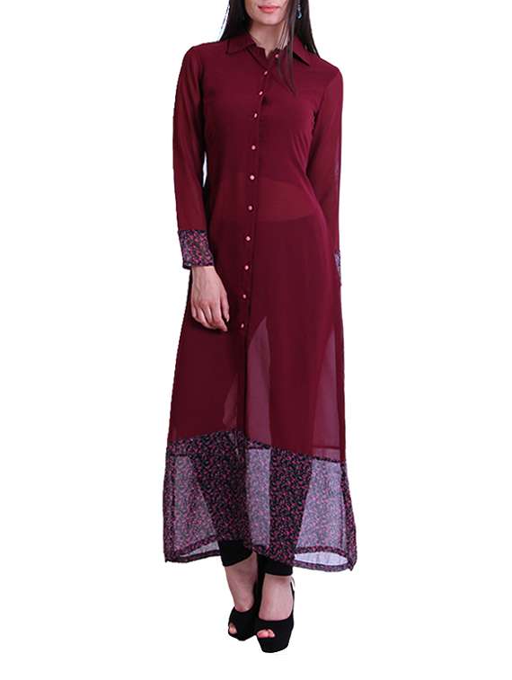 maroon georgette printed long kurta