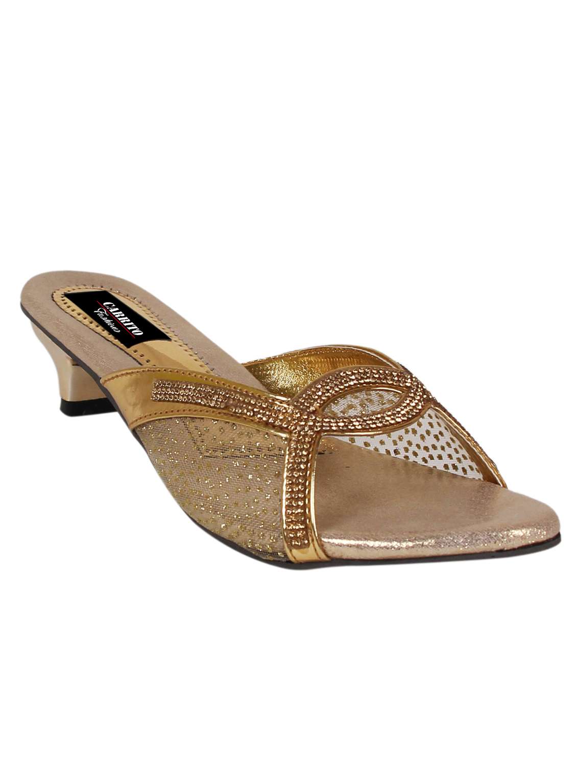 gold fabric slip on sandals