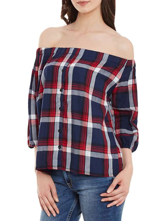navy blue checkered rayon off shoulder top - 13465443 -  Standard Image - 1