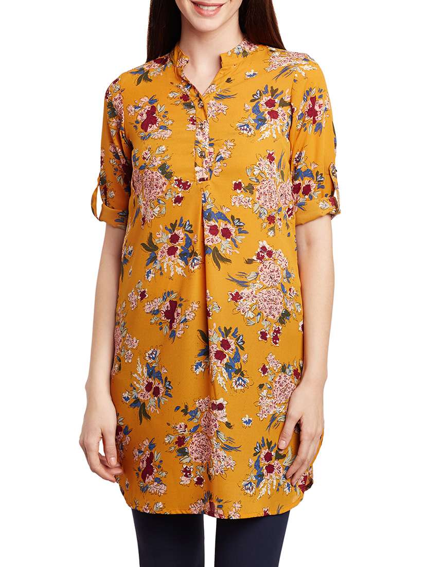 orange mandarin neck floral print tunic 