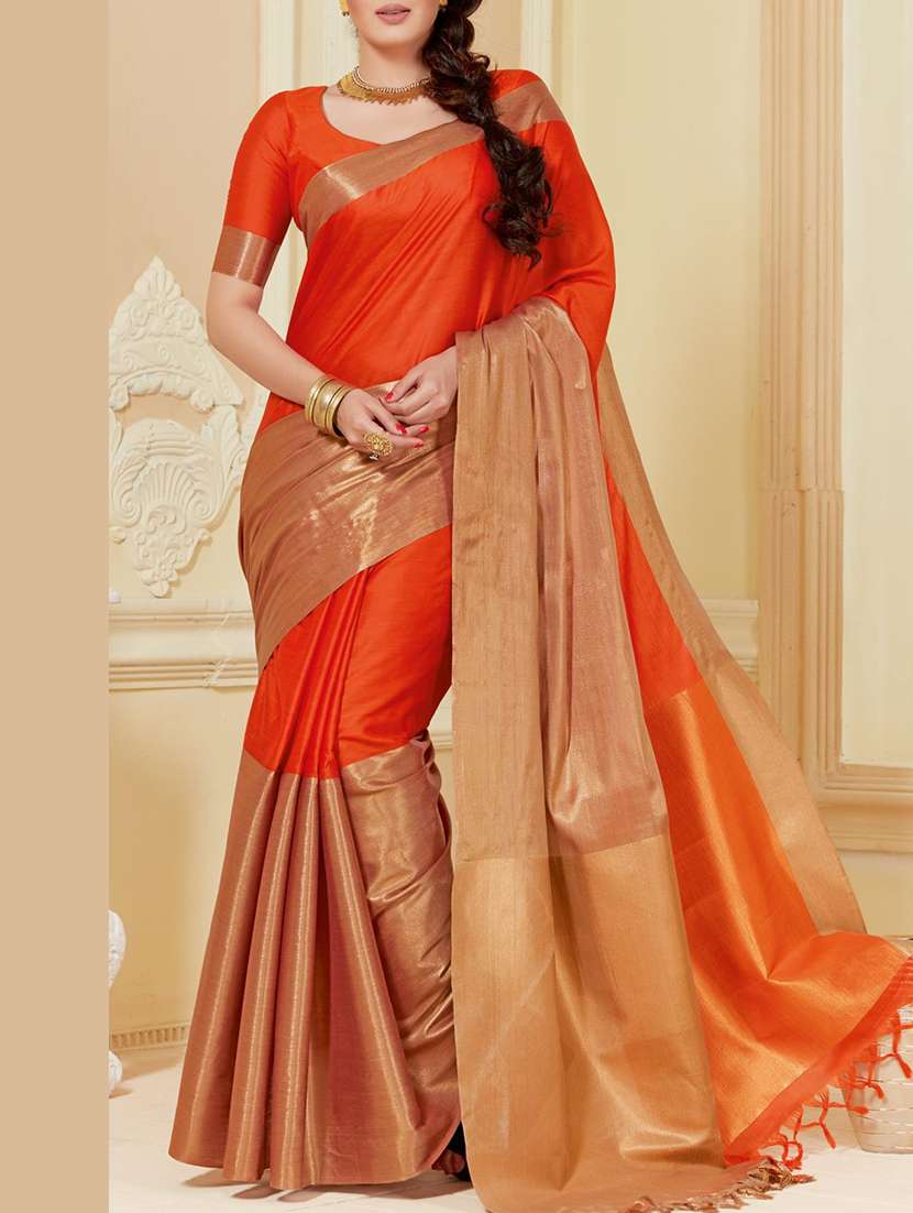 orange poly silk woven saree with blouse