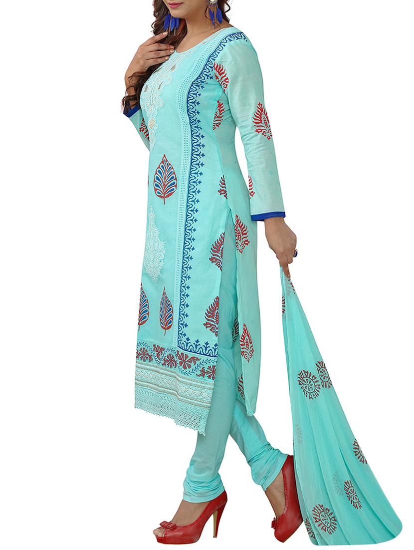 sky blue cotton embroidered dress material