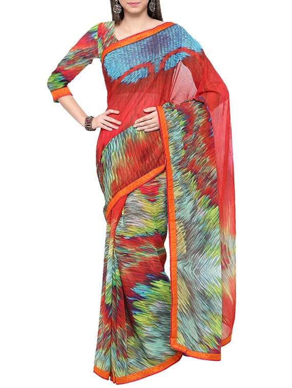 multi colored georgette abstract printed saree with blouse