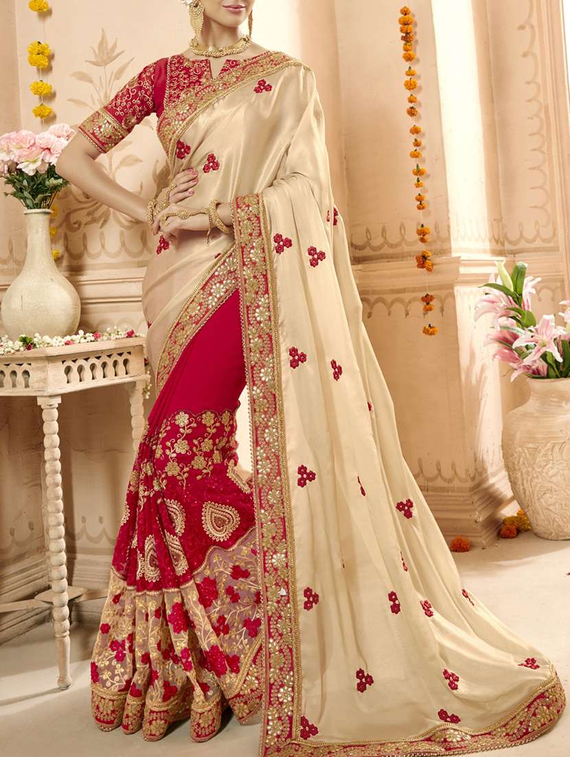 red & beige faux georgette half & half saree with blouse