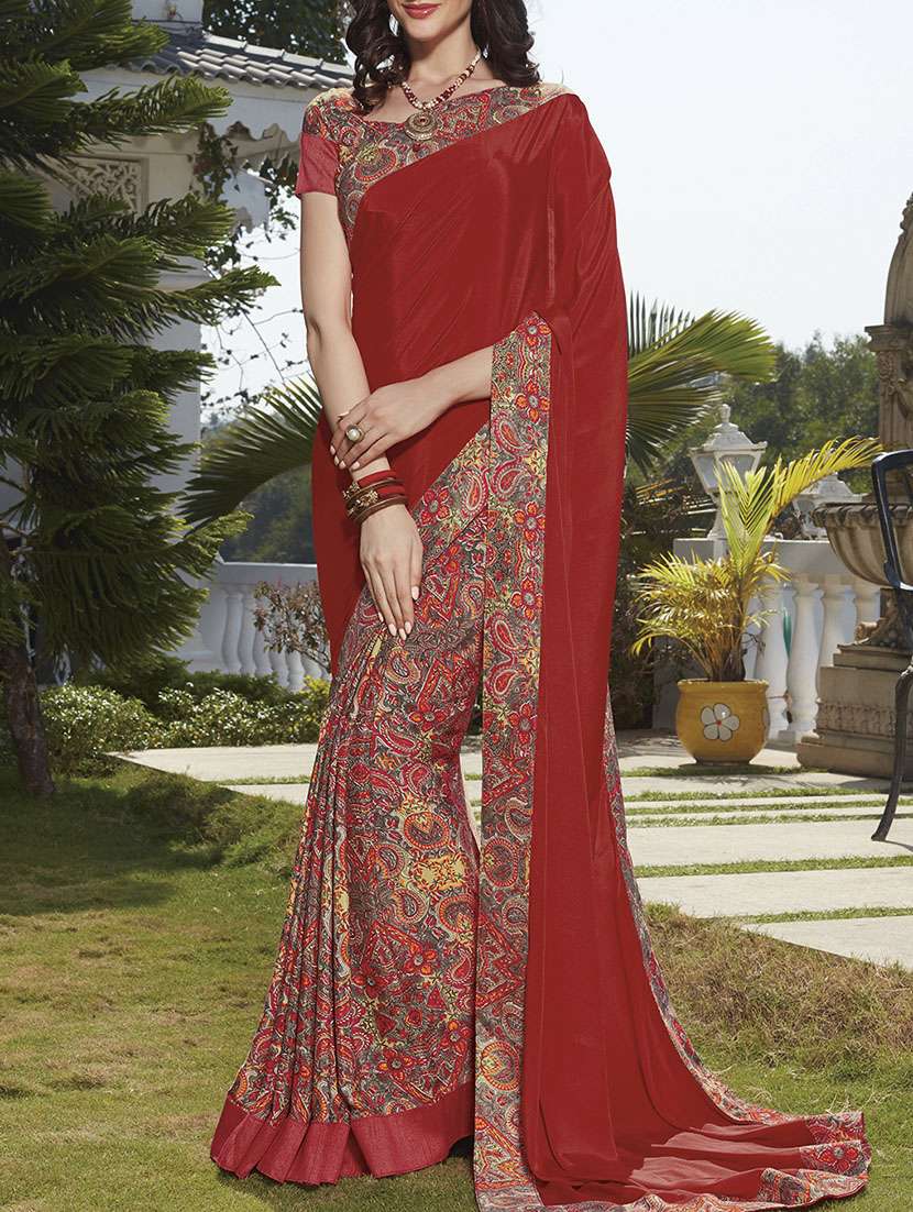 red crepe printed saree with blouse