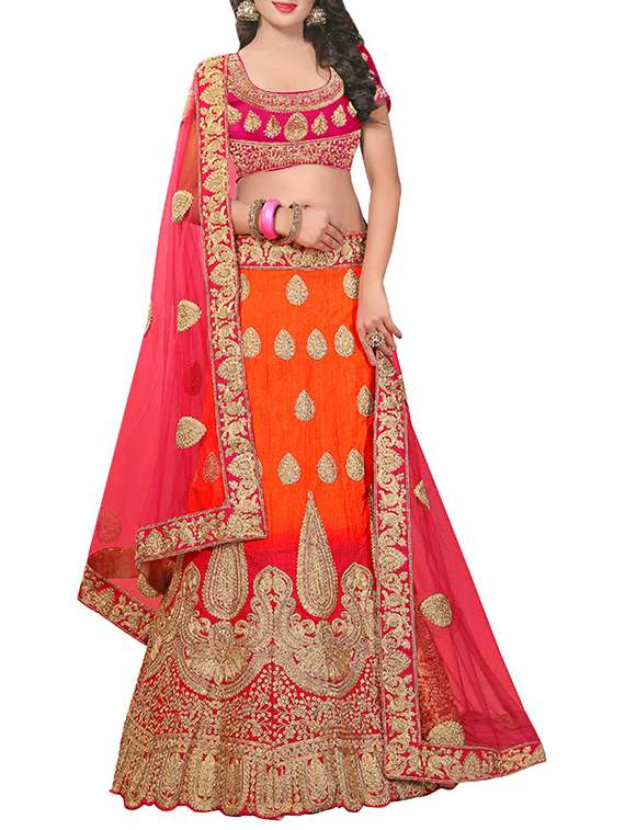 orange red silk embroidered flared lehenga