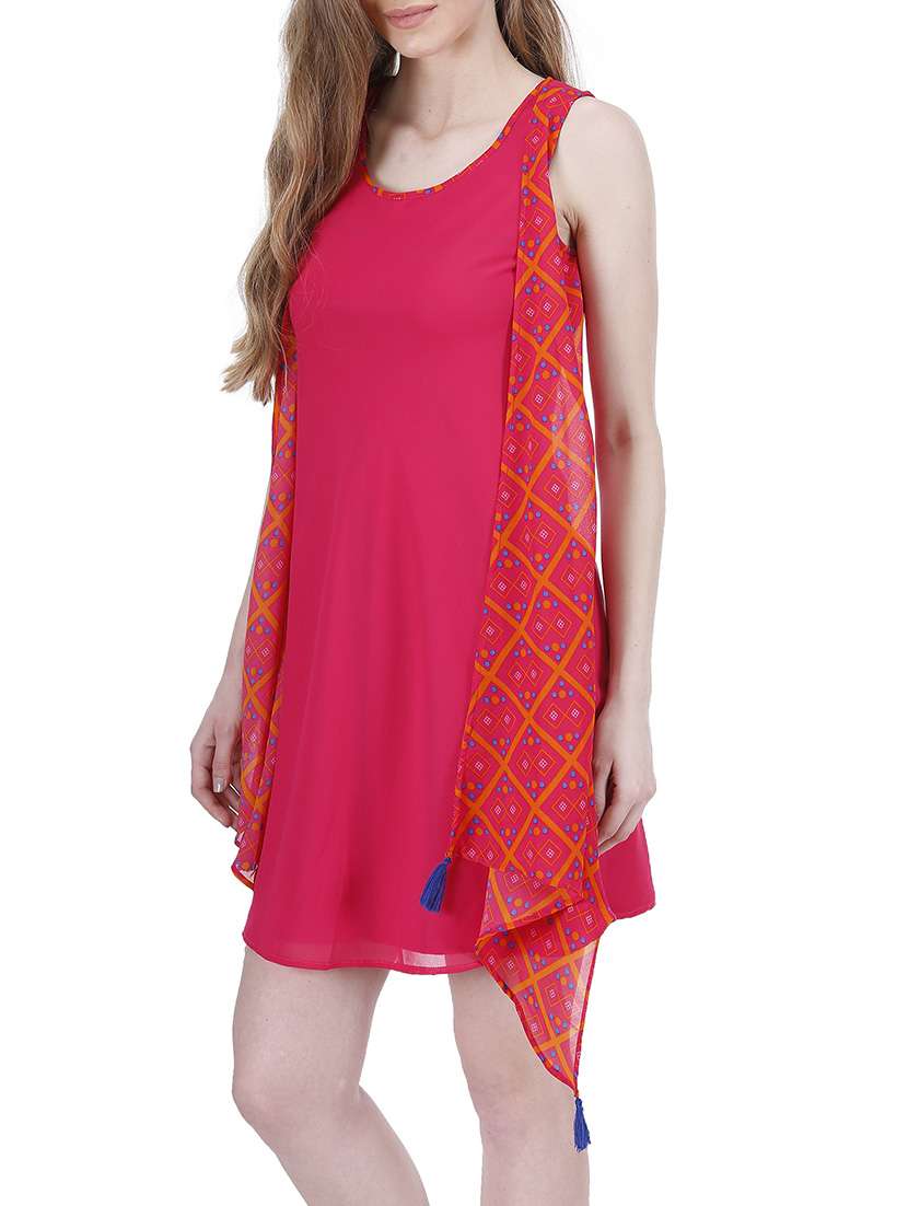 pink printed georgette layered dress - 13601885 -  Standard Image - 1