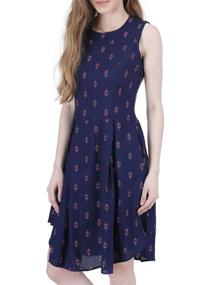 navy blue printed rayon fit & flare dress - 13601887 -  Standard Image - 1