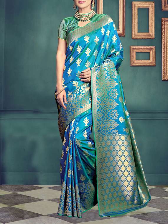 blue silk blend banarasi saree with blouse