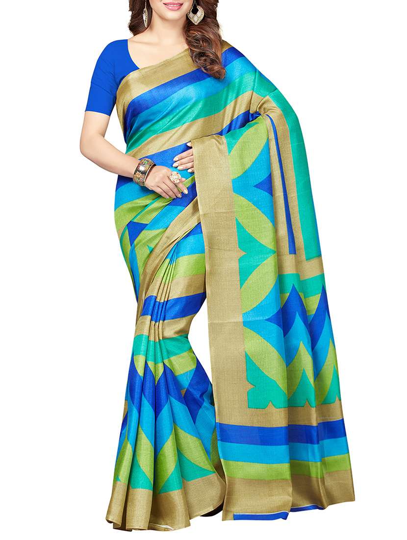 blue printed bhagalpuri silk saree with blouse