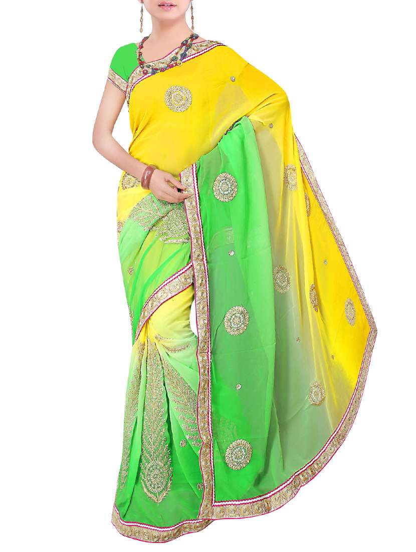 yellow & green georgette embroidered saree with blouse