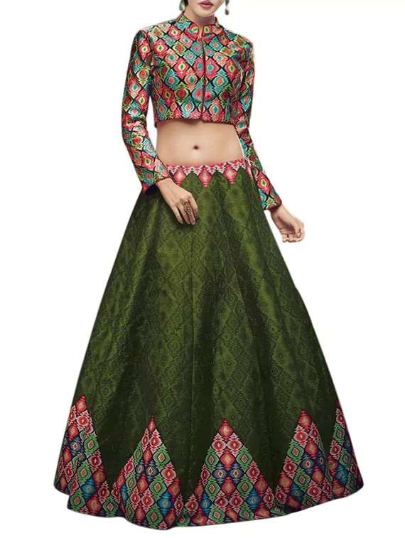green raw silk printed panelled lehenga