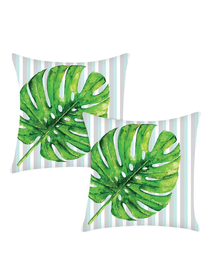 digitally printed cushion cover with lines and leaf design set of two