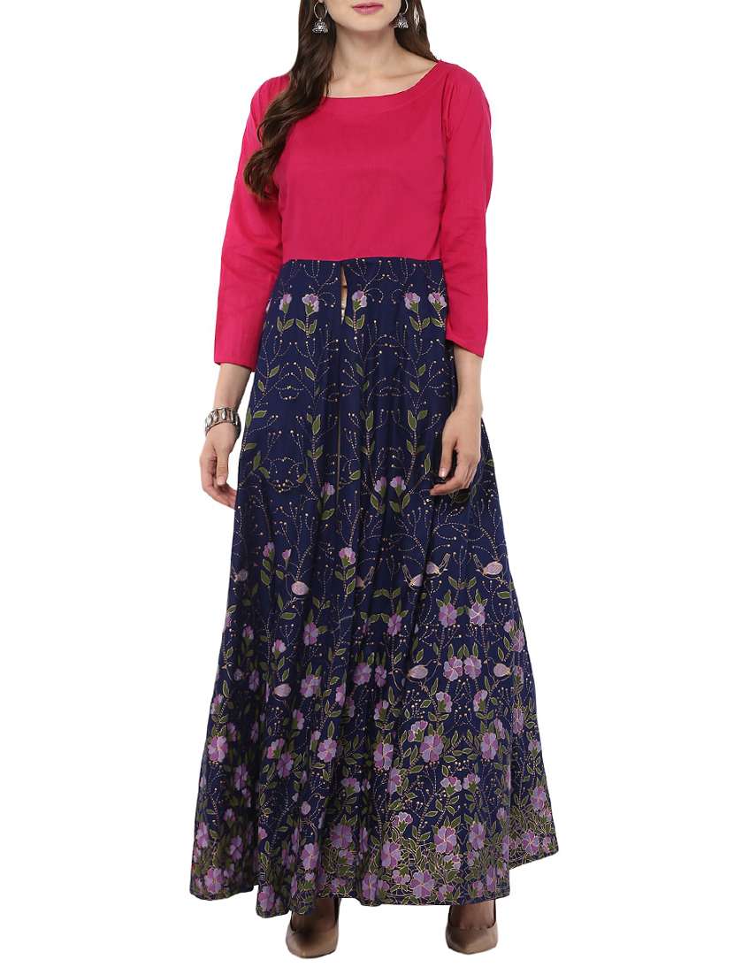 blue & pink cotton printed high slit kurta