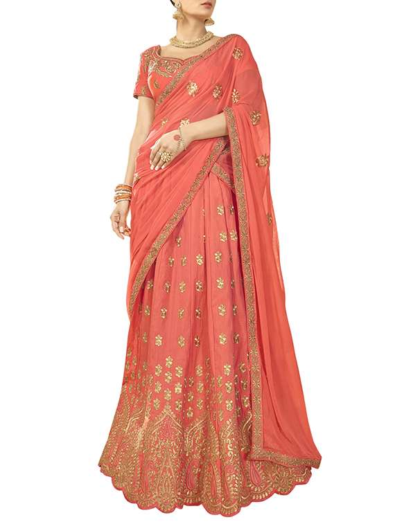 orange art silk panelled unstitched lehenga