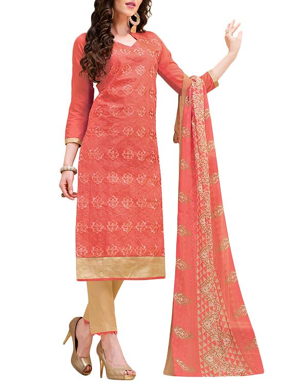 red chanderi cotton embroidered straight dress material