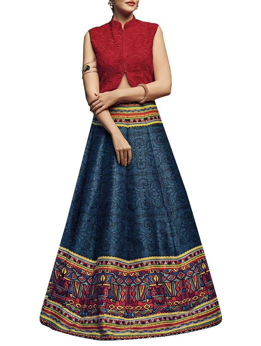 blue silk flared lehenga