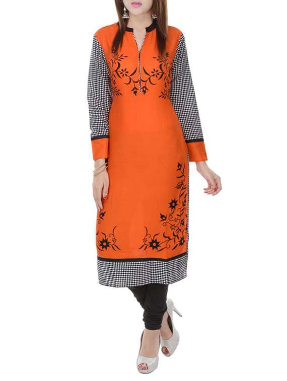 orange cotton printed long kurta