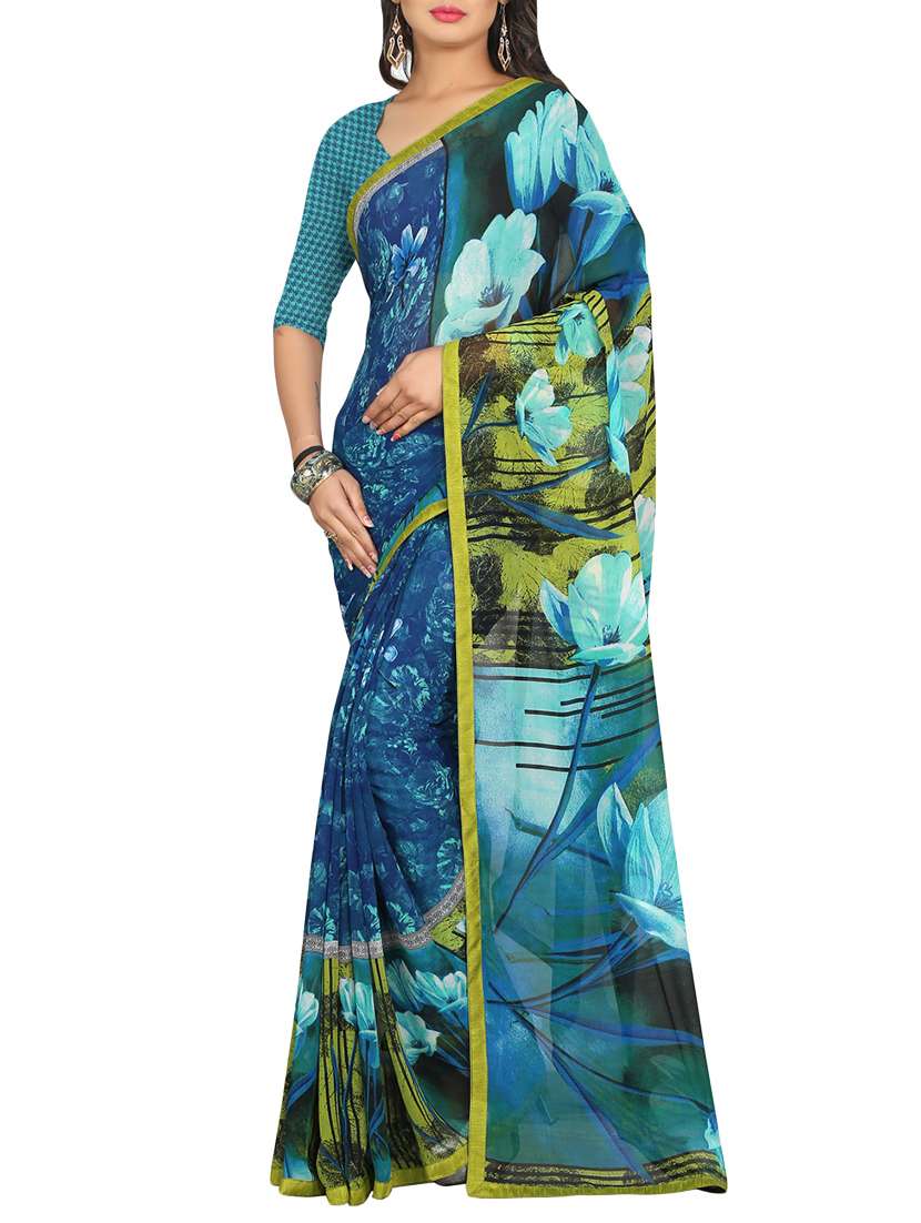 multi colored georgette printed saree with blouse
