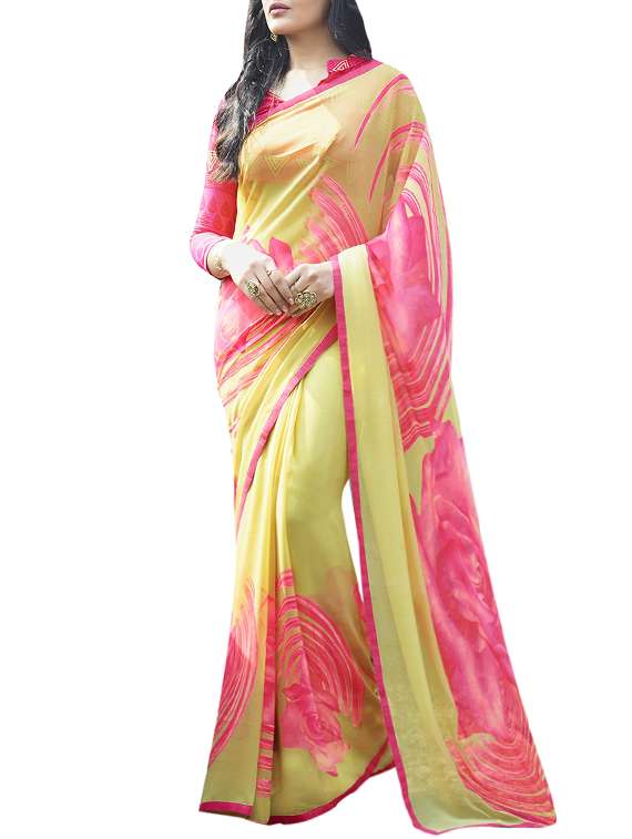 yellow georgette printed saree with blouse