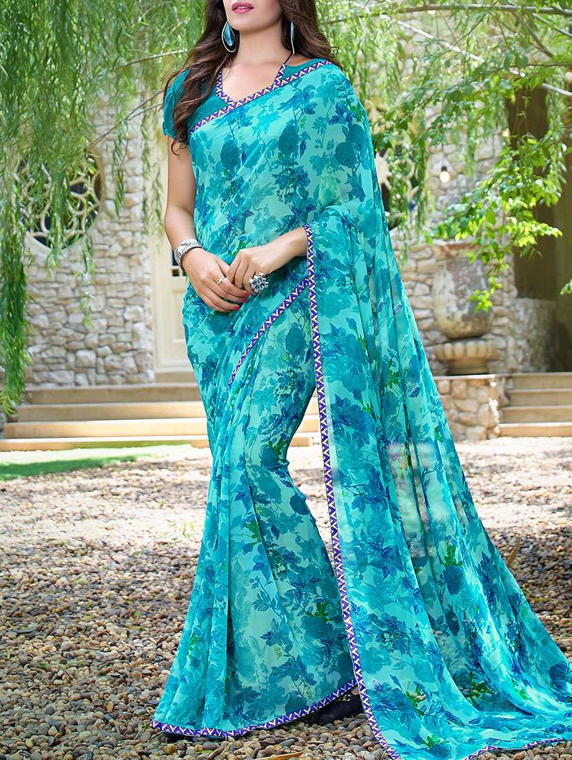 lace bordered floral printed saree  with blouse