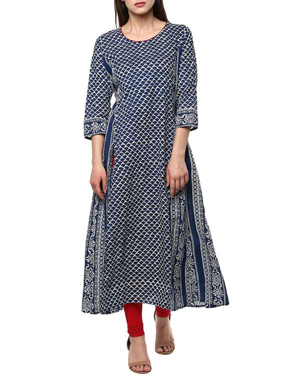 indigo cotton printed flared kurta