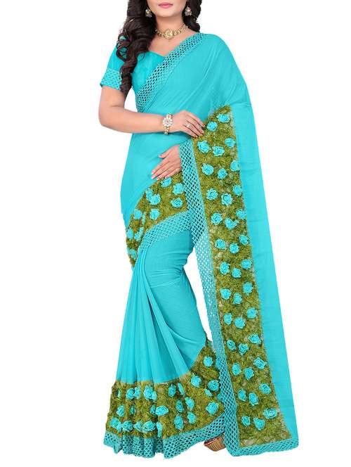 women's bordered turquoise colored saree with blouse - 13675540 -  Standard Image - 0