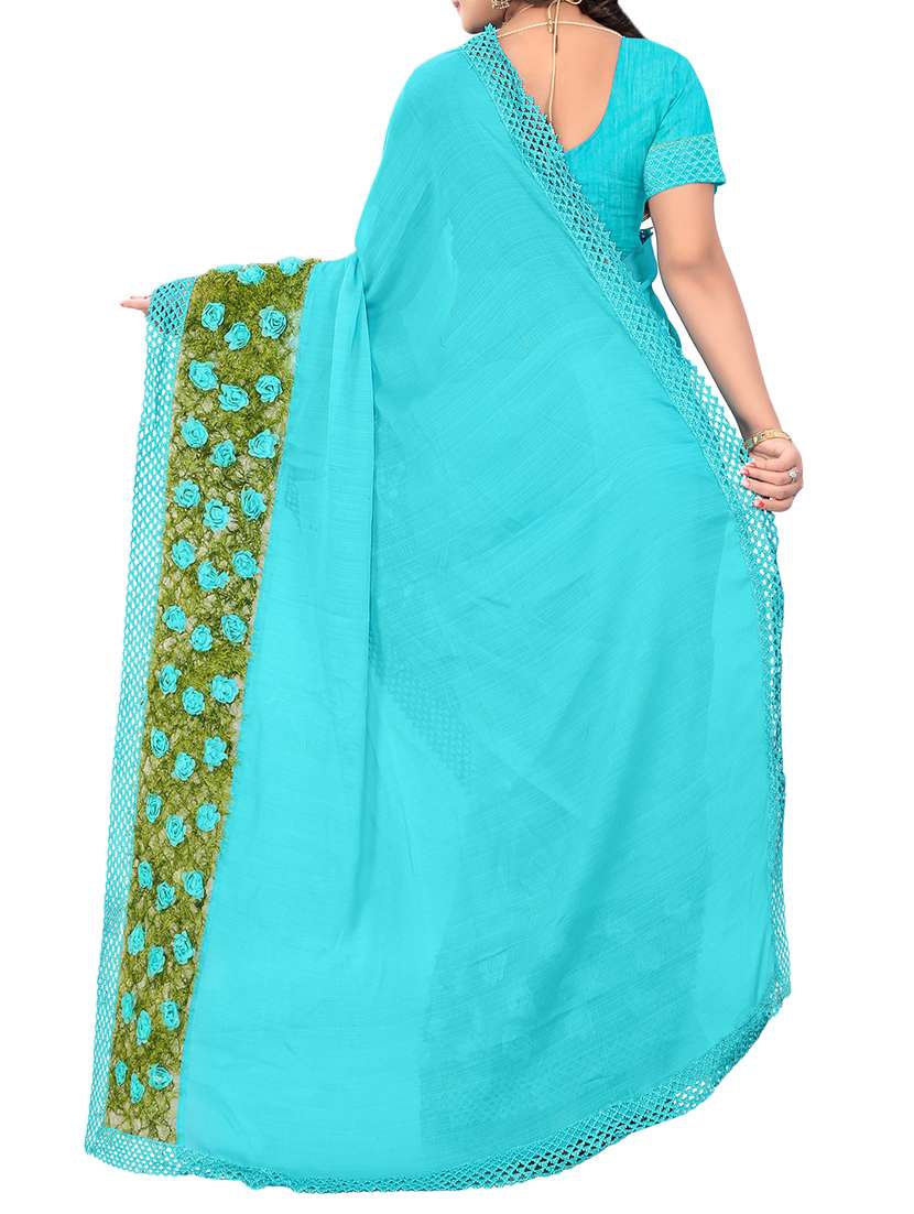 women's bordered turquoise colored saree with blouse - 13675540 -  Standard Image - 1