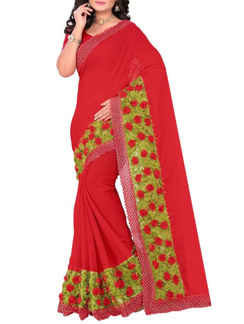 women's solid with work red colored saree with blouse