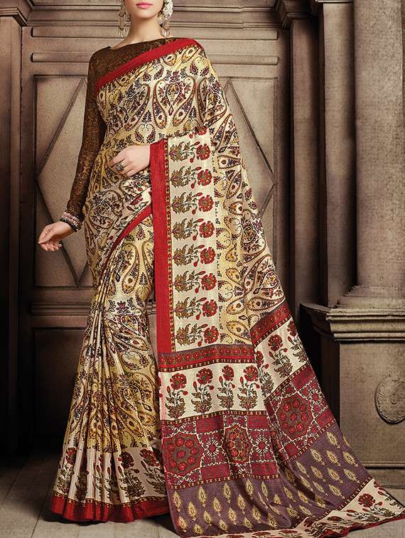 women's printed beige colored saree with blouse