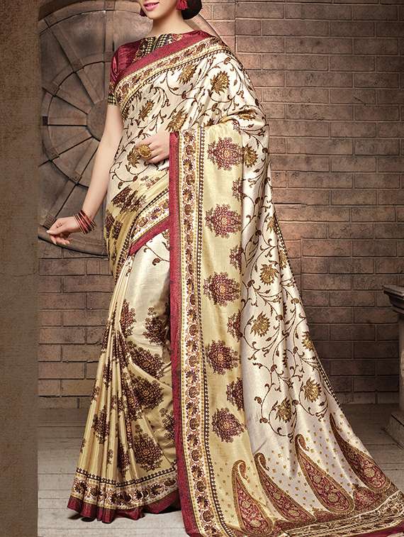 women's floral beige colored saree with blouse - 13679395 - Zoom Image - 0
