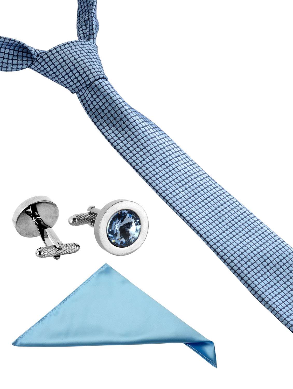 blue tie, pocket square and cufflinks