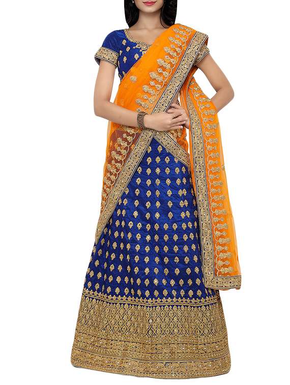 blue silk panelled lehenga