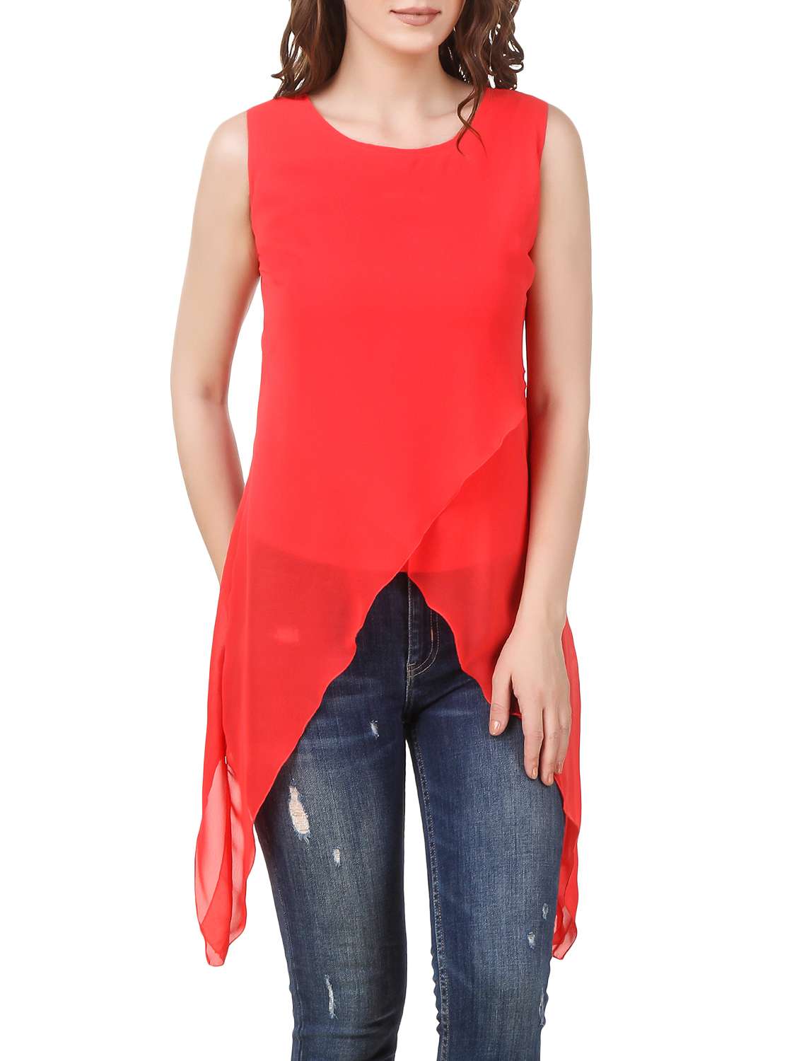 red georgette asymmetric top