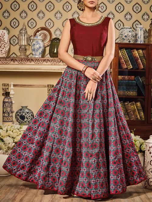 maroon silk anarkali semi-stitched suit - 13685130 - Standard Image - 0
