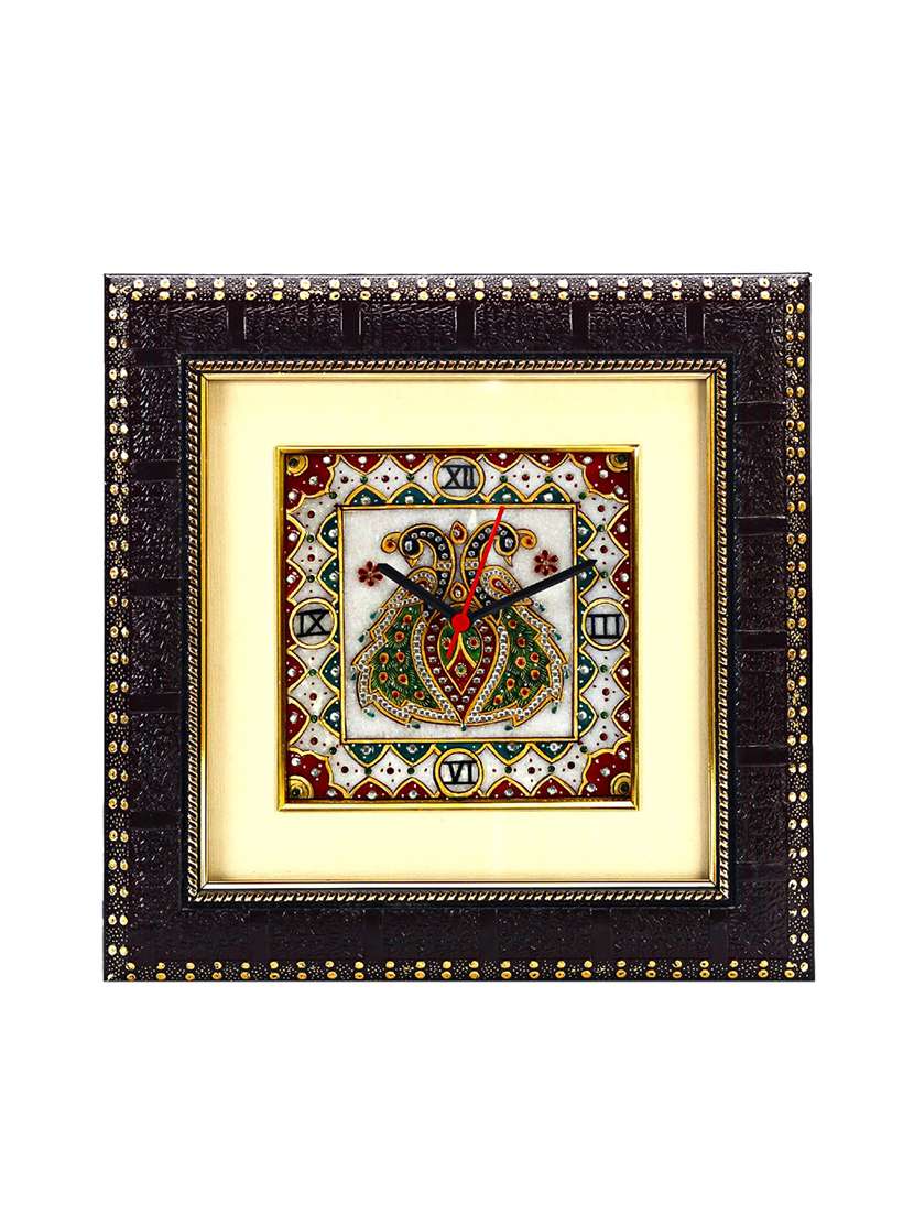 dual peacock motif marble wall clock