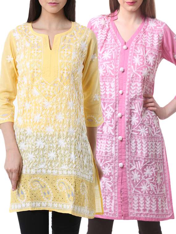 multi coloured cotton embroidered kurtas combo (set of 2)