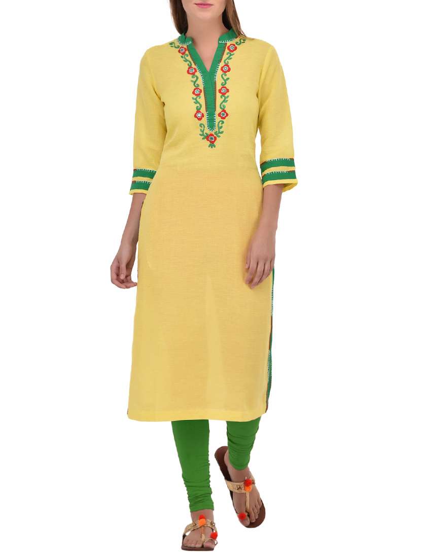 yellow linen embroidered straight kurta