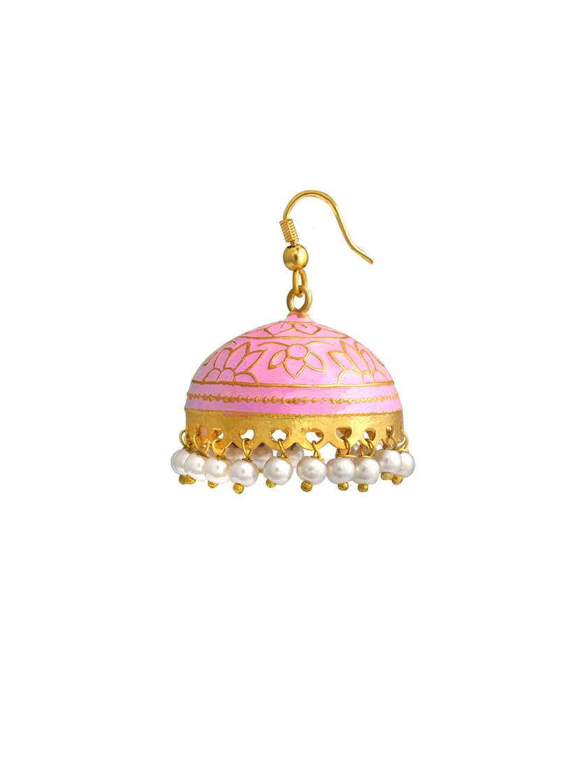 pink metal jhumka earrings - 13694088 -  Standard Image - 1