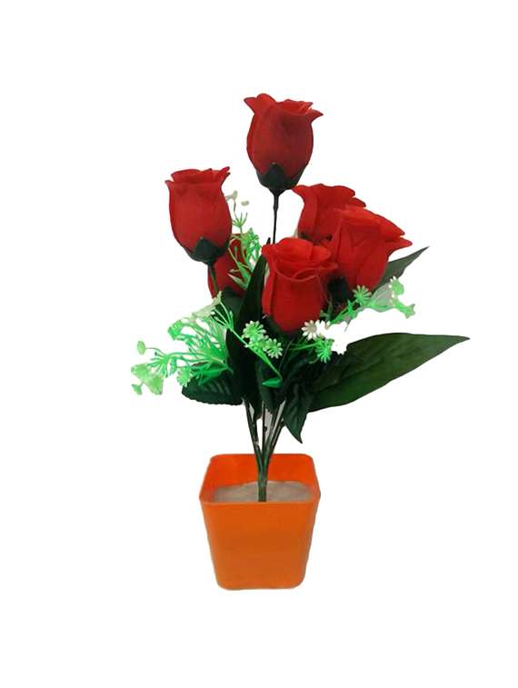 red rose artificial flower  with pot (15 inch, pack of 1)"
