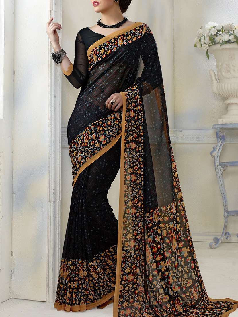black georgette printed saree with blouse